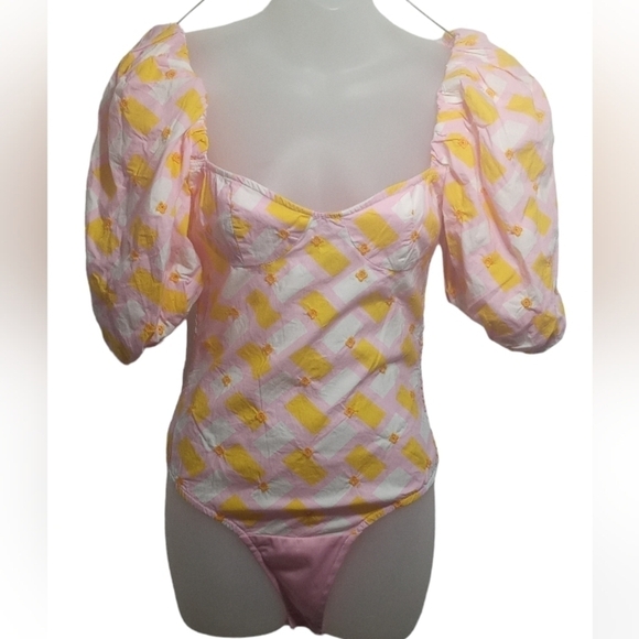 Zara Women's Floral Geometric Poplin Bodysuit with Puff Sleeves Sz Small - Picture 4 of 7